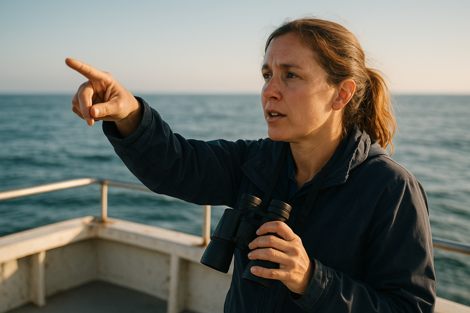 Marine biologist naturalist spotting whales during a San Diego boat tour