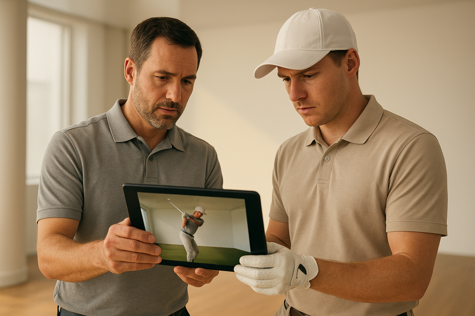 Coach and athlete reviewing swing video to spot injury risks during a golf lesson