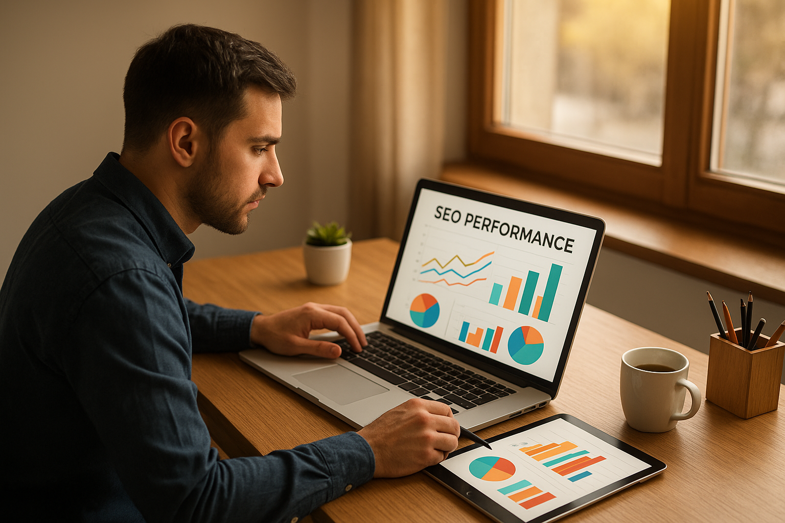Digital marketer reviewing search visibility charts while comparing SEO tools