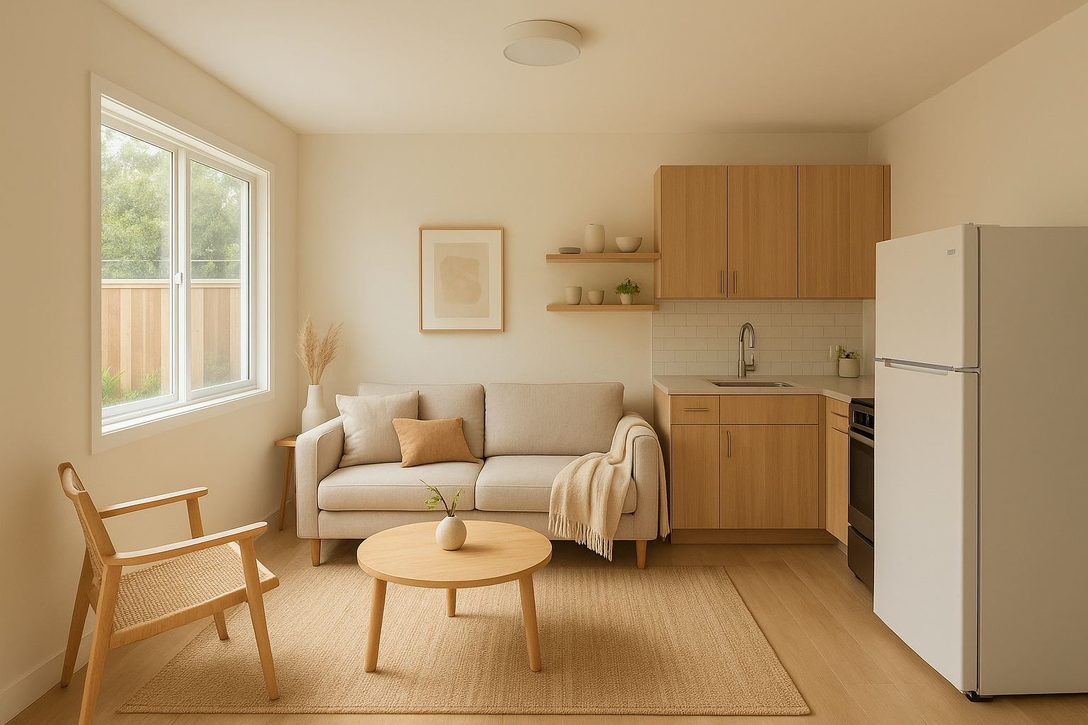 Bright open-concept interior of a finished detached ADU living space