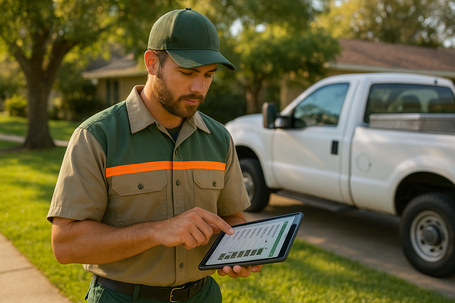Landscape crew member using a mobile field app on a tablet beside a service truck