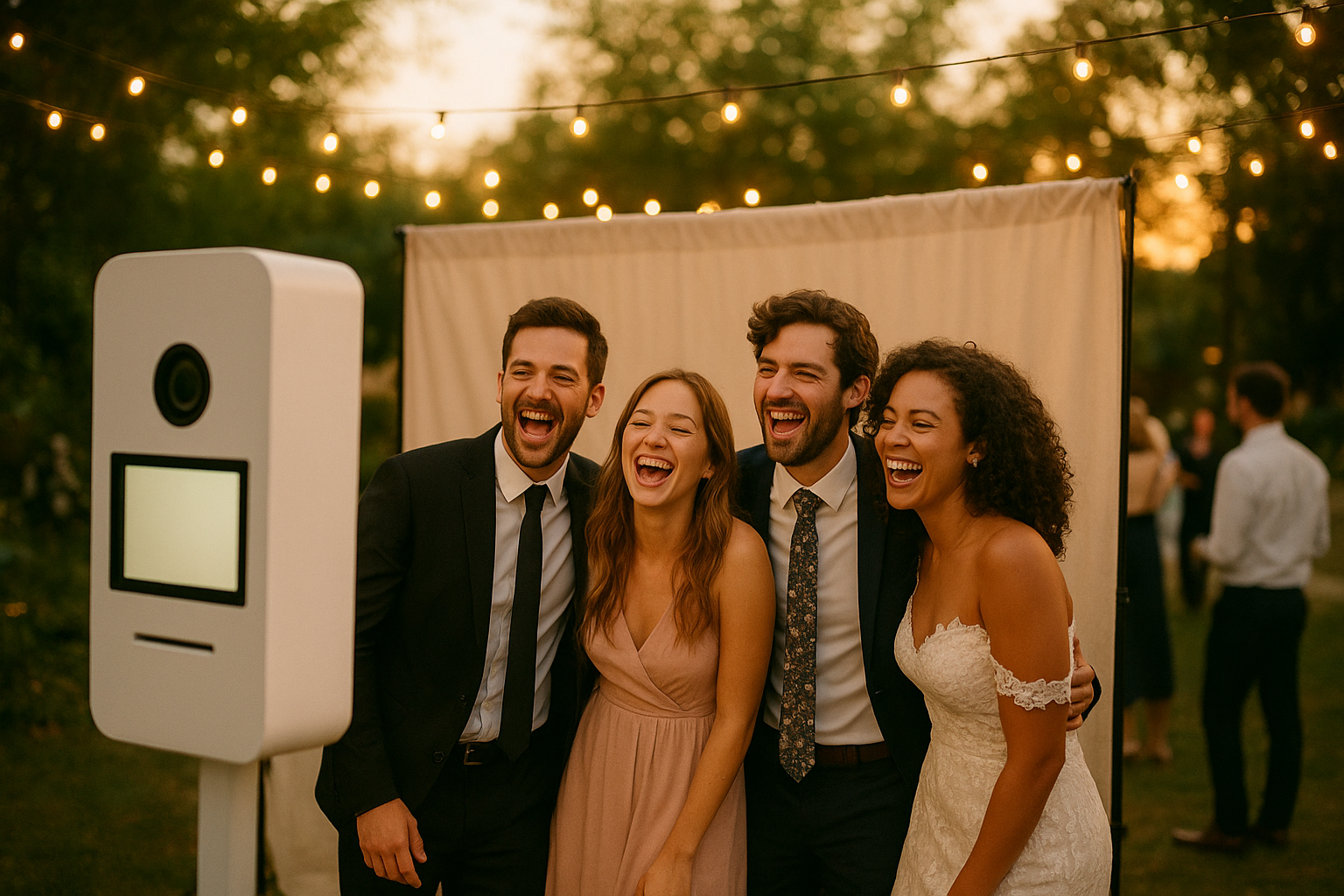 Guests posing at a photobooth digital rental setup during an outdoor wedding reception