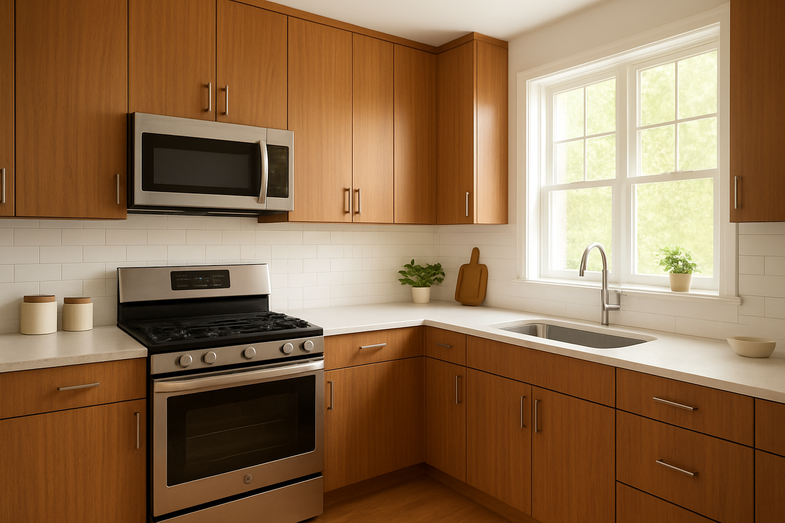 Kitchen showing results of residential cabinet refacing with new wood veneer doors