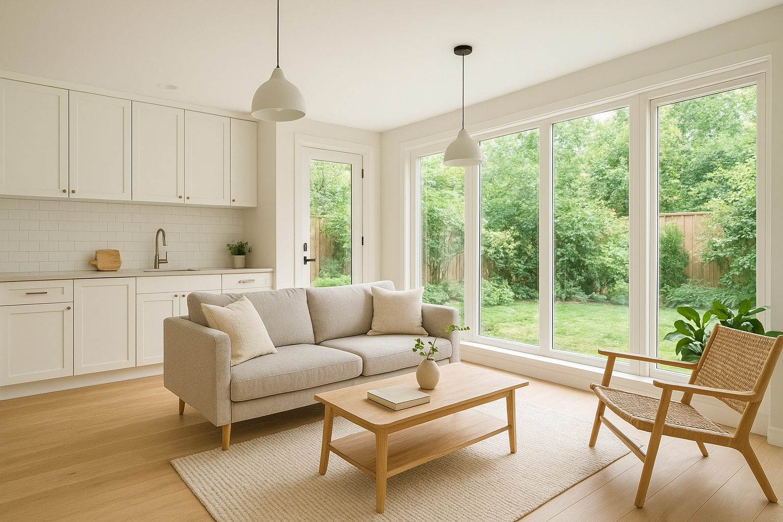 Interior of a custom ADU design showing open-plan kitchen and living area with oak floors and modern finishes
