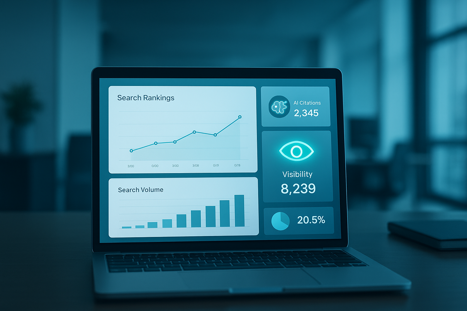 Dashboard showing online visibility automation tracking search rankings and AI citations