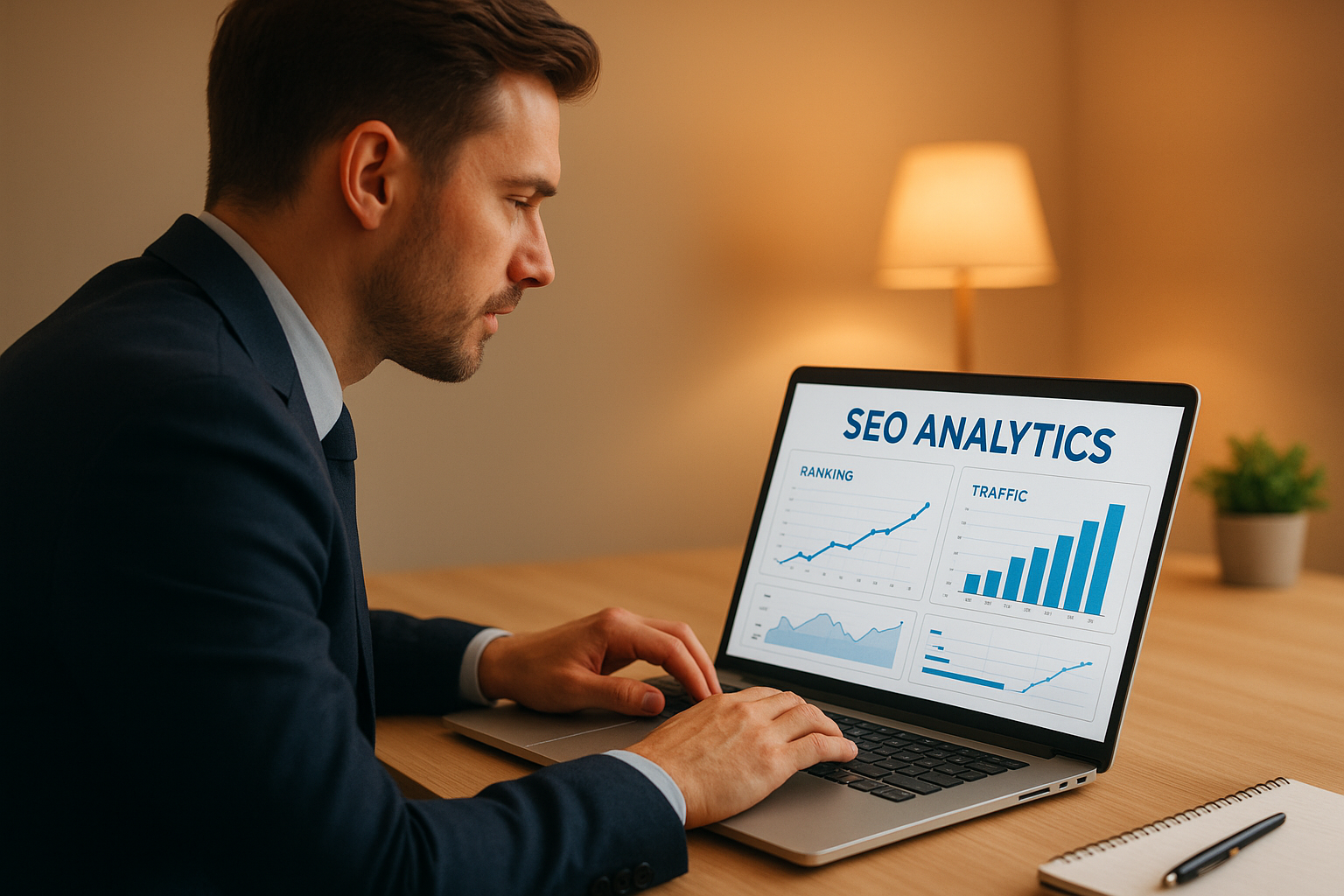 Business owner reviewing search optimization platform analytics showing improved keyword rankings and traffic growth