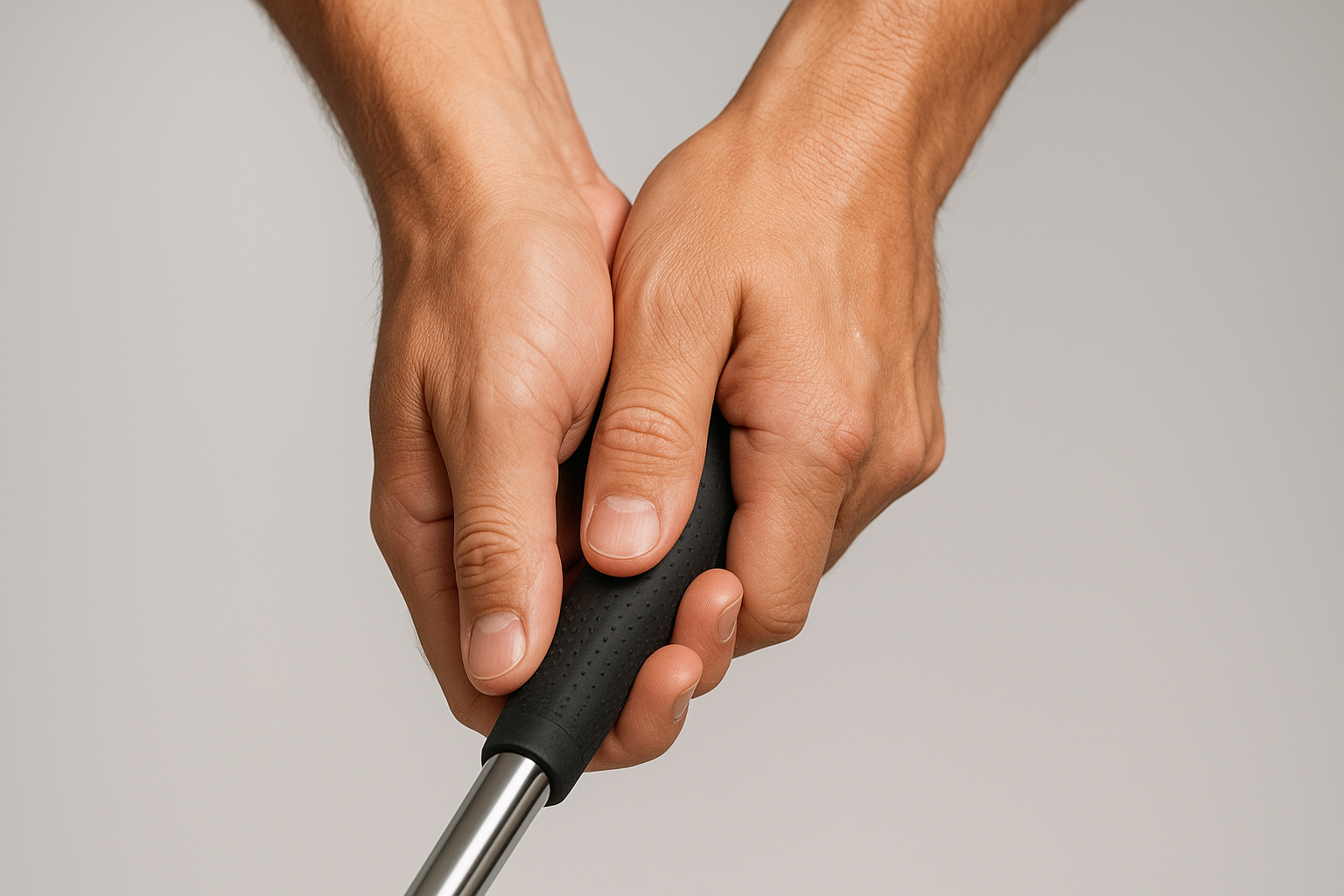 Close-up of correct golf grip supporting efficient golf swing mechanics