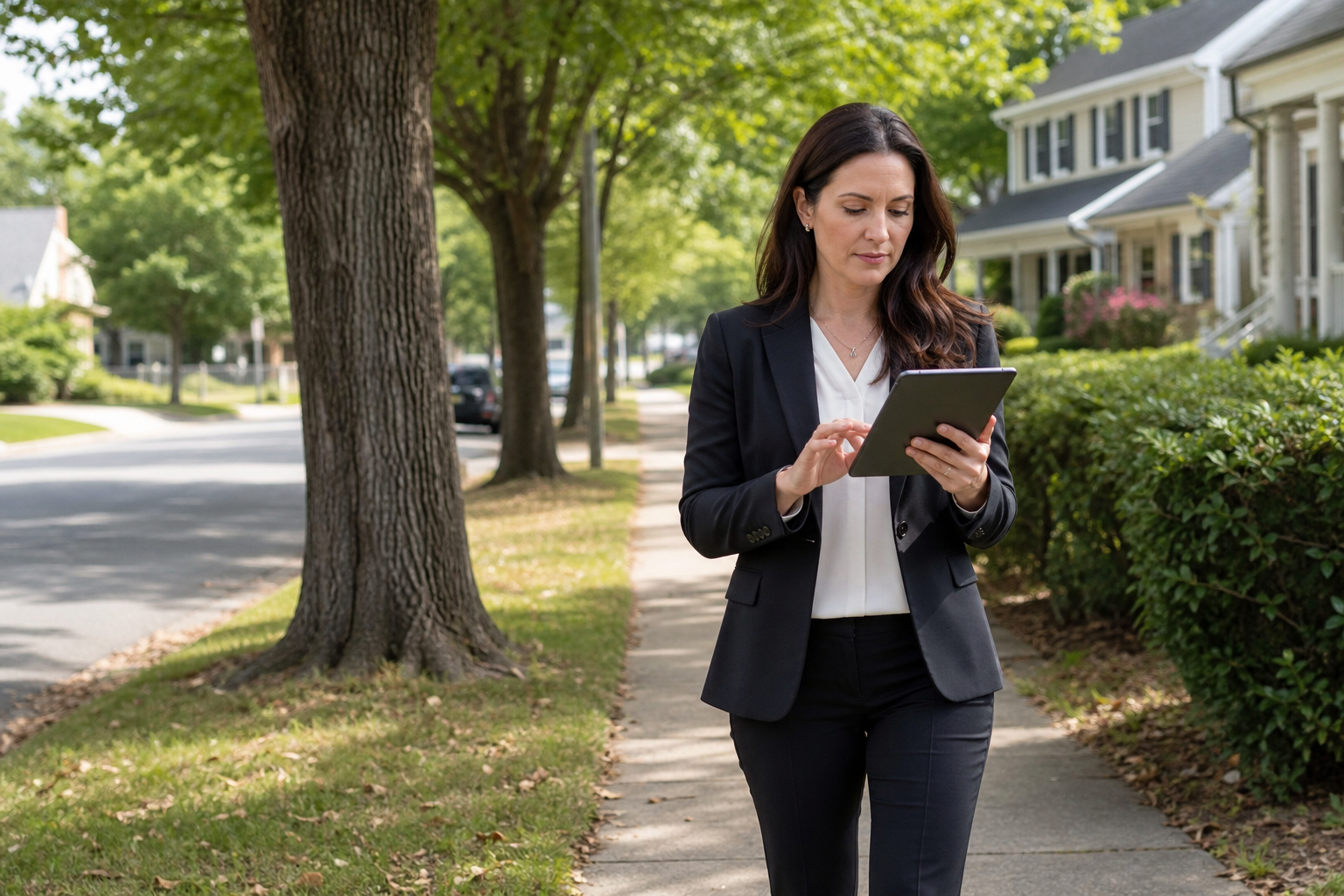 Agent walking through a suburban neighborhood while prospecting for home sellers
