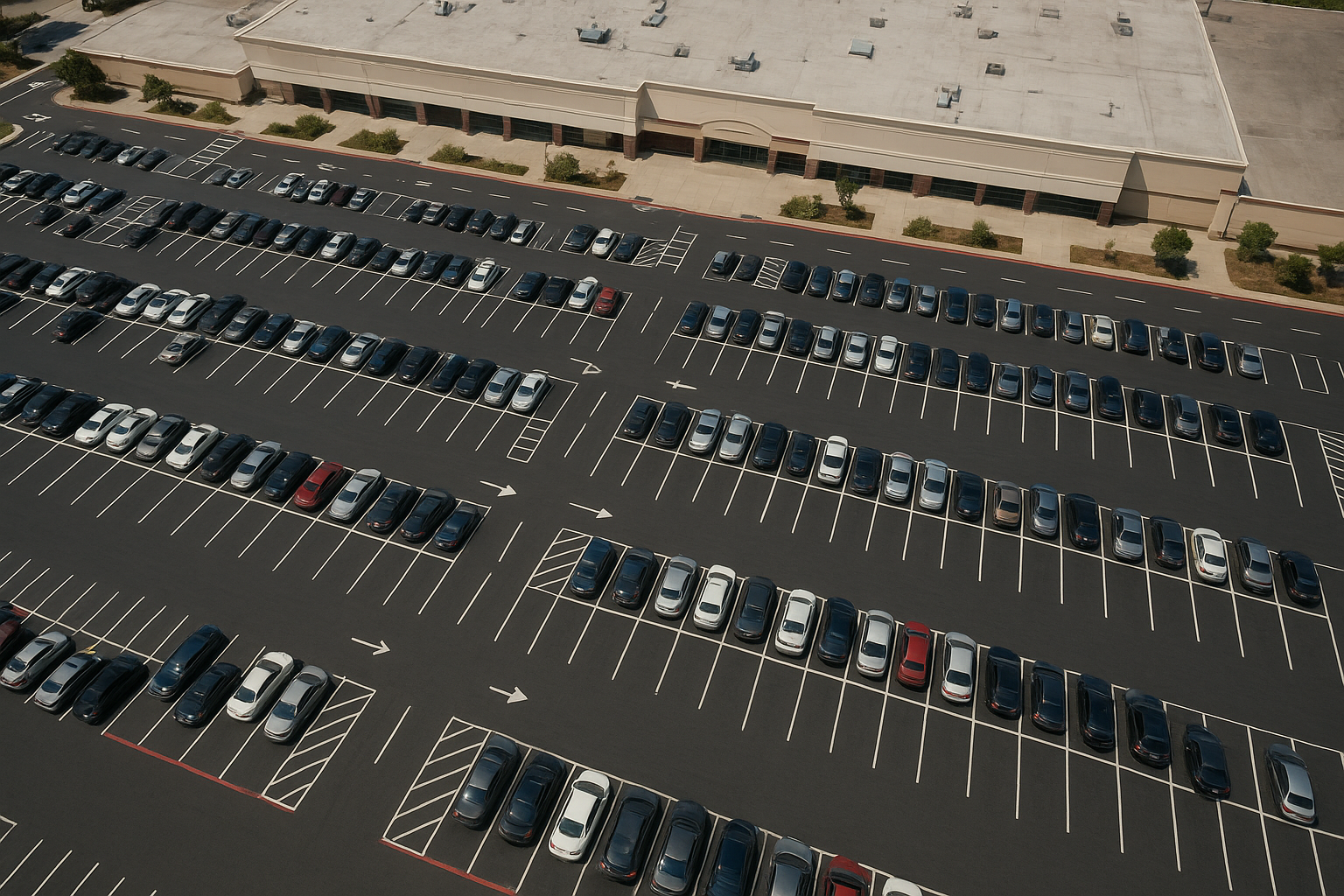 Aerial view of organized retail parking lot striping with directional arrows and fire lanes