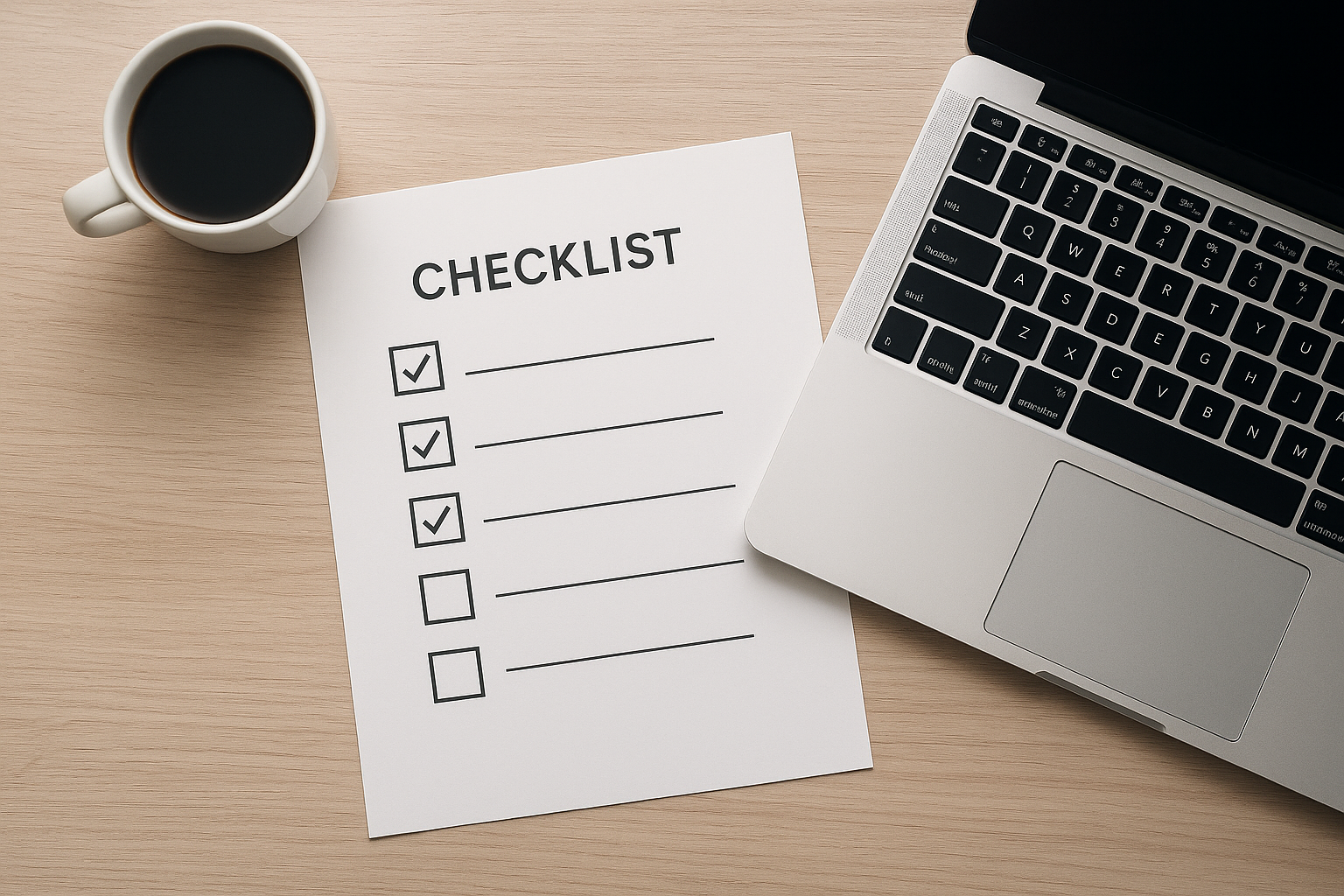 Checklist and laptop representing the process of building custom employee handbooks