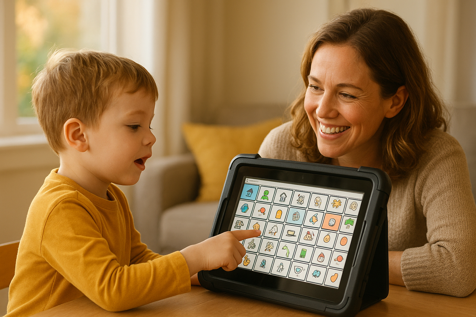 Child using an AAC device during story based speech therapy activities at home