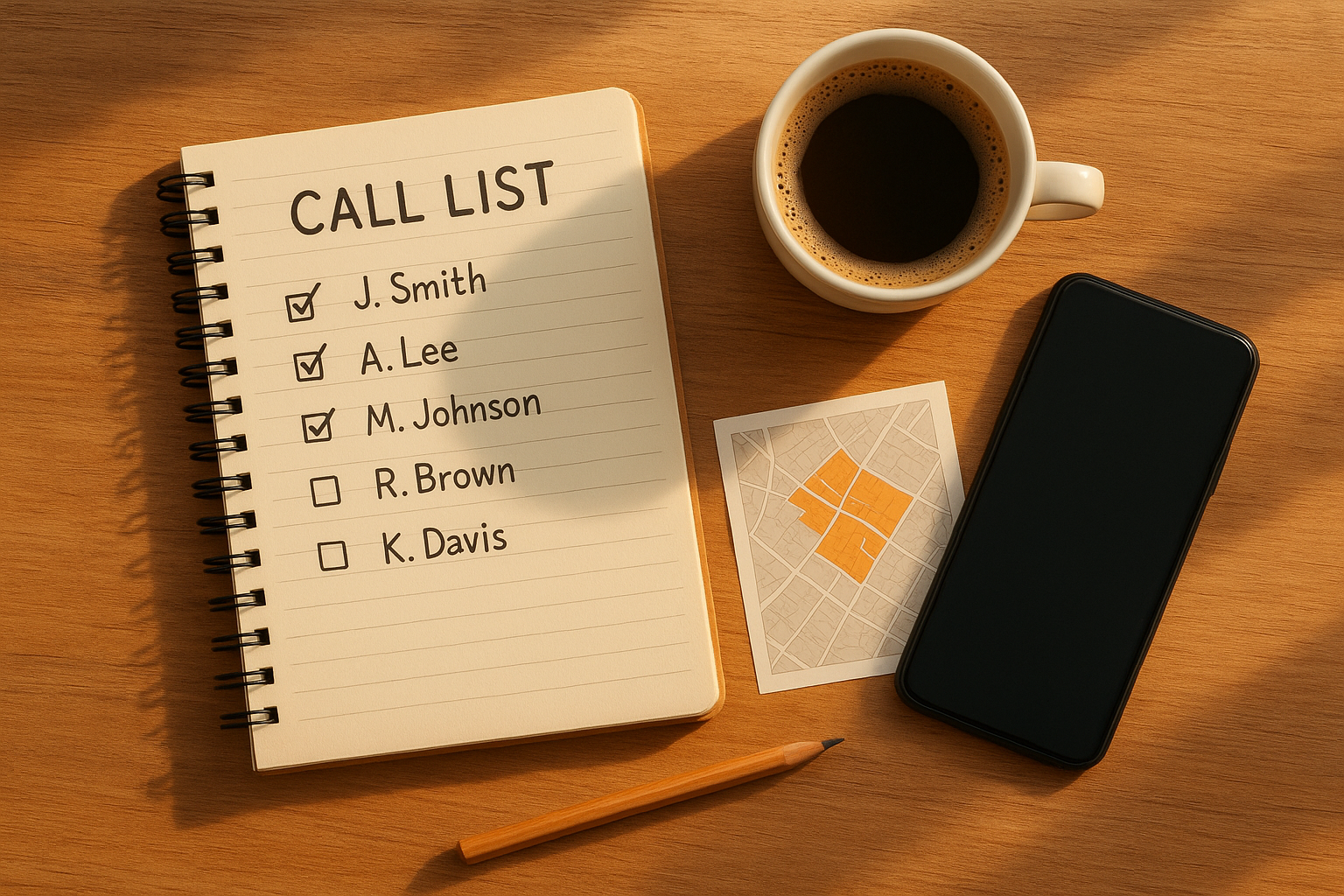 Flat lay of a prioritized seller call list, phone, and neighborhood map used to plan real estate dialer sessions
