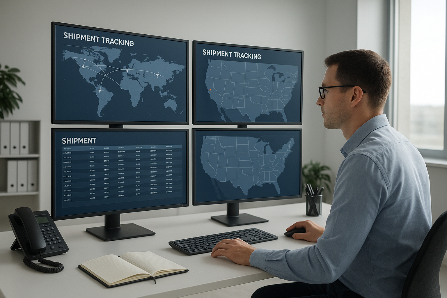 Freight broker coordinating air cargo and ground transportation shipments on tracking screens