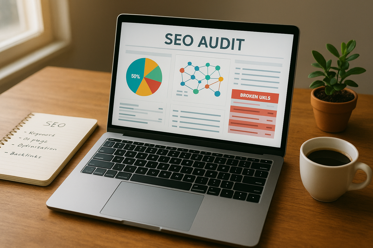 SEO professional reviewing a broken link audit report on a laptop with notes nearby