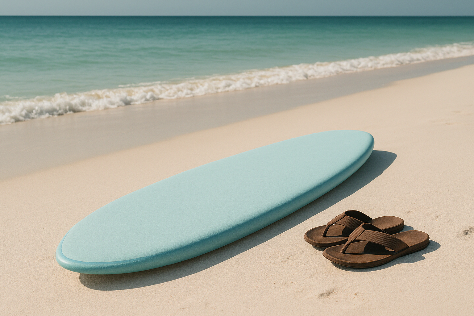 Stable foam surfboard used for senior-friendly Waikiki surf lessons resting on the sand