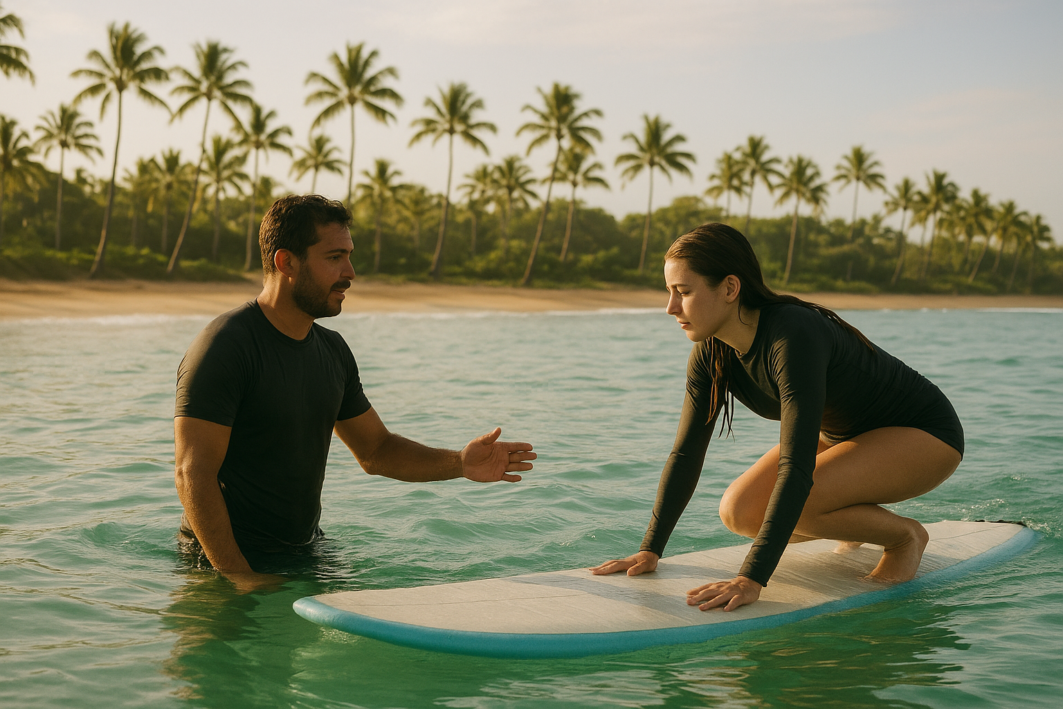 Instructor giving custom surf coaching in Honolulu to a beginner student near the shoreline