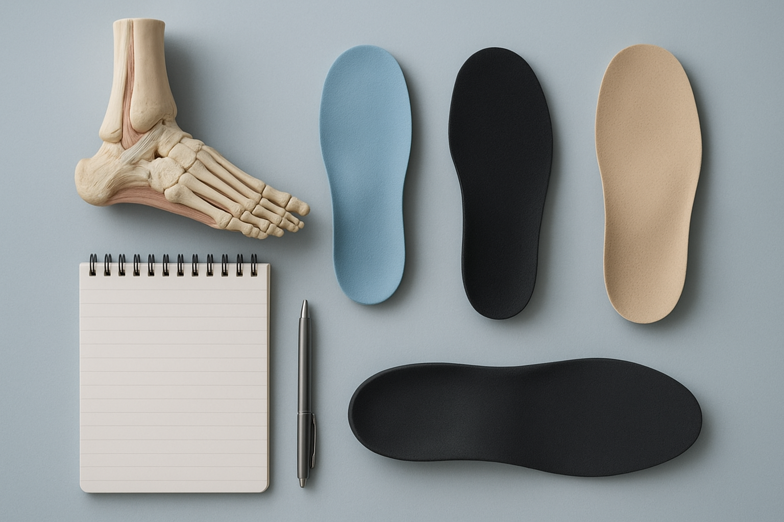 Podiatrist desk with foot model and insoles used to evaluate foot pain treatment options