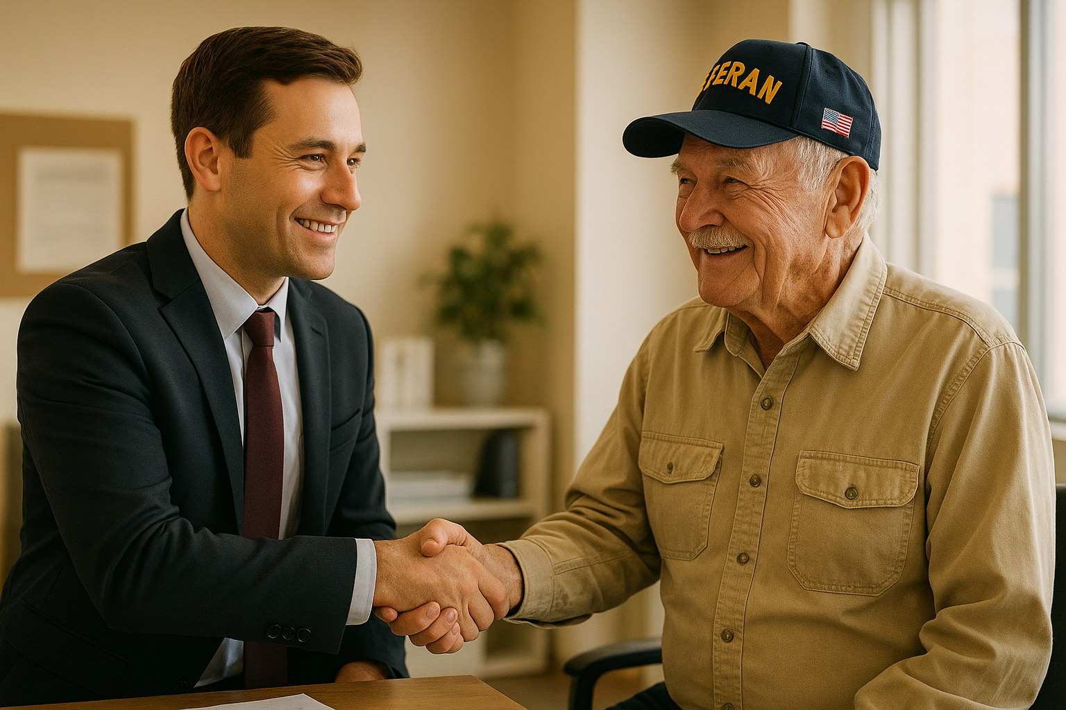 Advisor discussing health insurance plans with a veteran client during an annual coverage review
