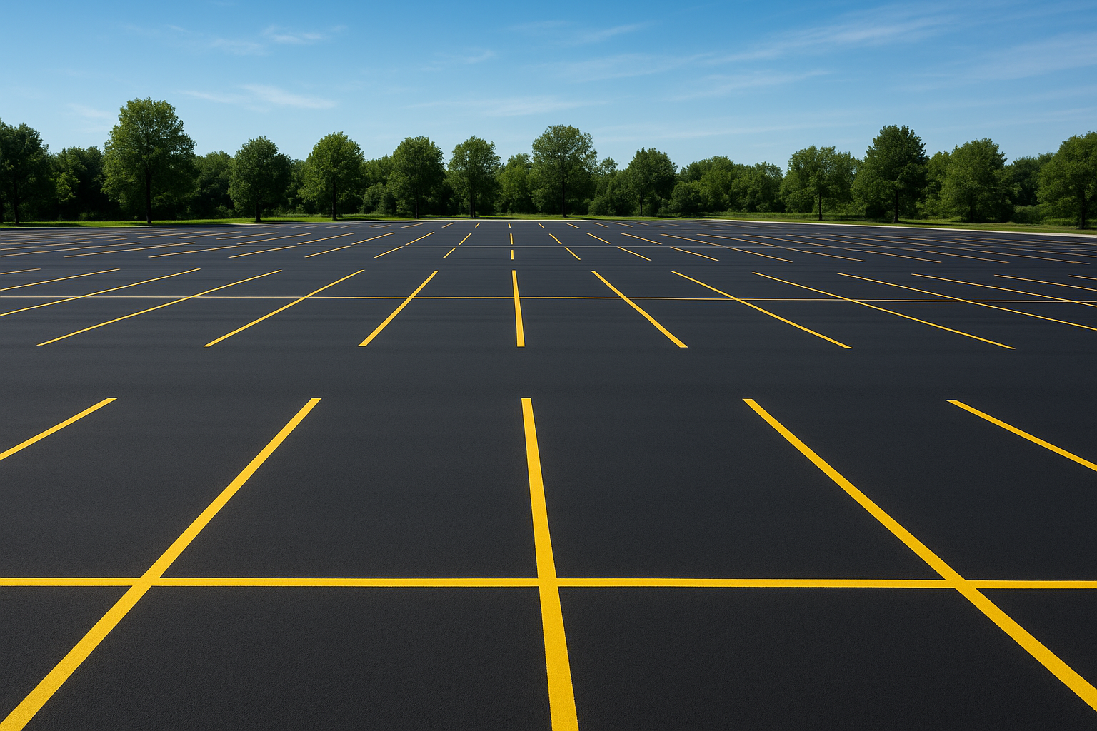 Freshly completed professional pavement marking on a commercial parking lot
