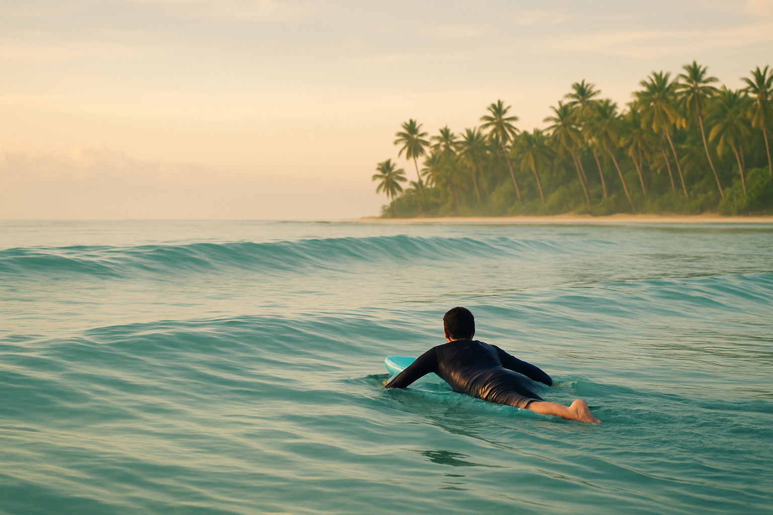 Surfer paddling out through gentle waves near a tropical Waikiki-style shoreline