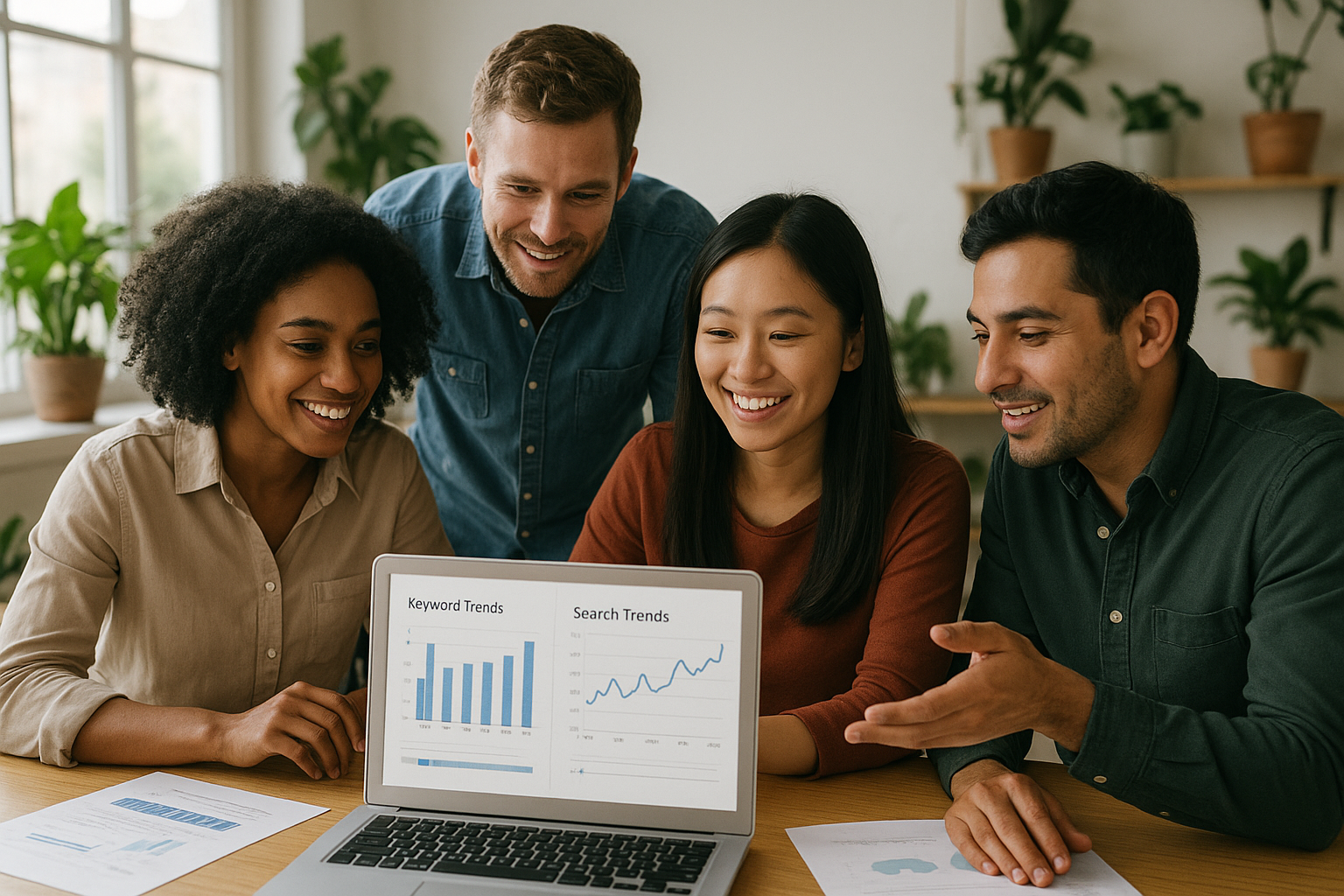Small business team reviewing AI keyword optimization results together