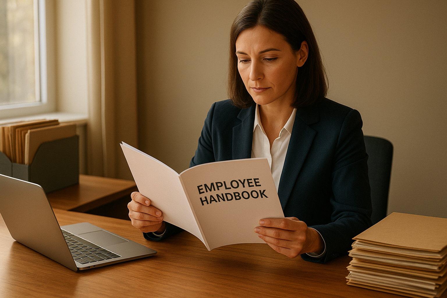 HR manager reviewing companies HR policies in an employee handbook at a tidy office desk