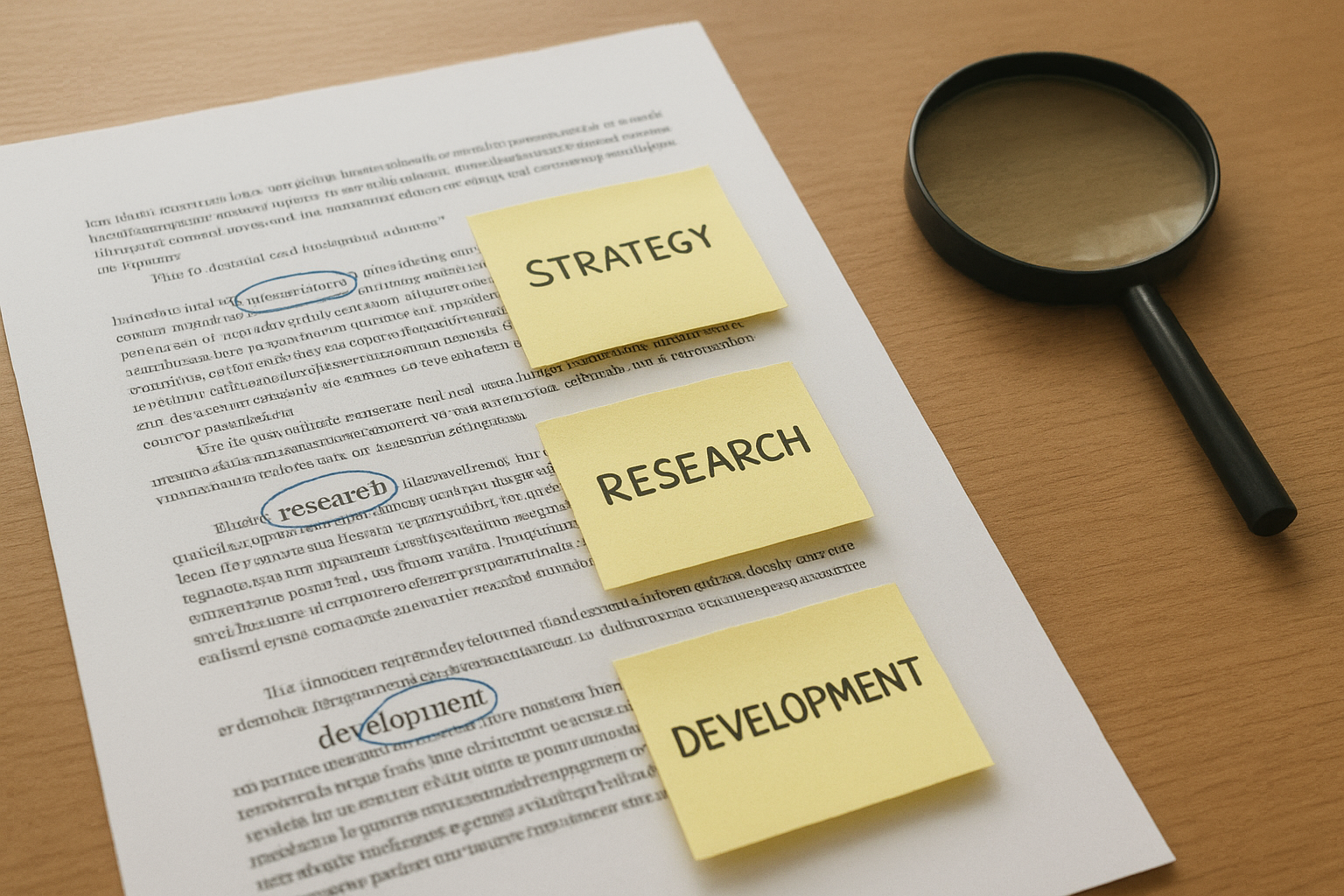 Printed text document with keywords circled for finding keywords in text analysis