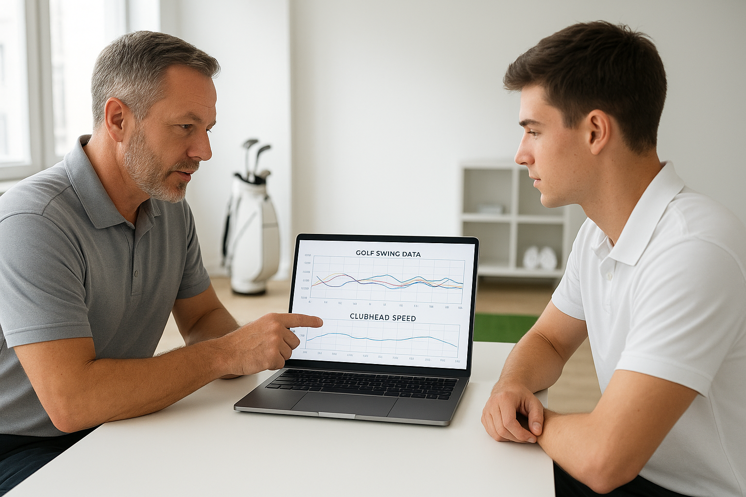 Coach and golfer reviewing clubhead speed and ball speed charts on a laptop screen