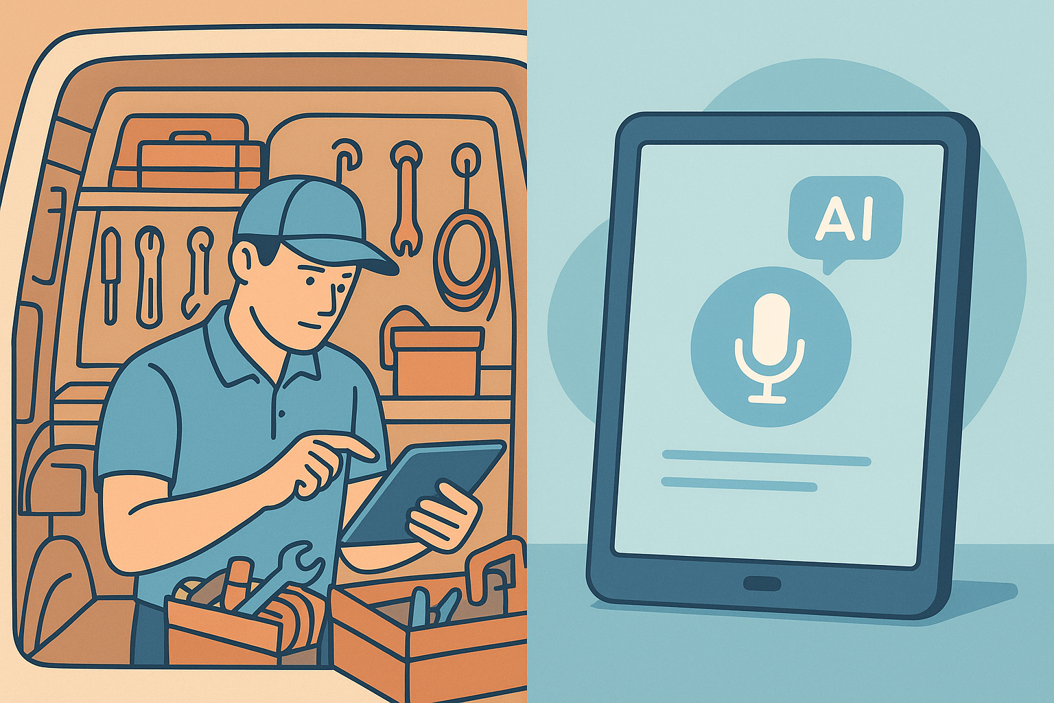Split screen showing a service technician working and an AI voice interface answering calls simultaneously