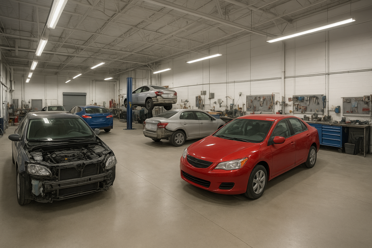 Interior of a Brea auto body shop with multiple vehicles undergoing collision repair