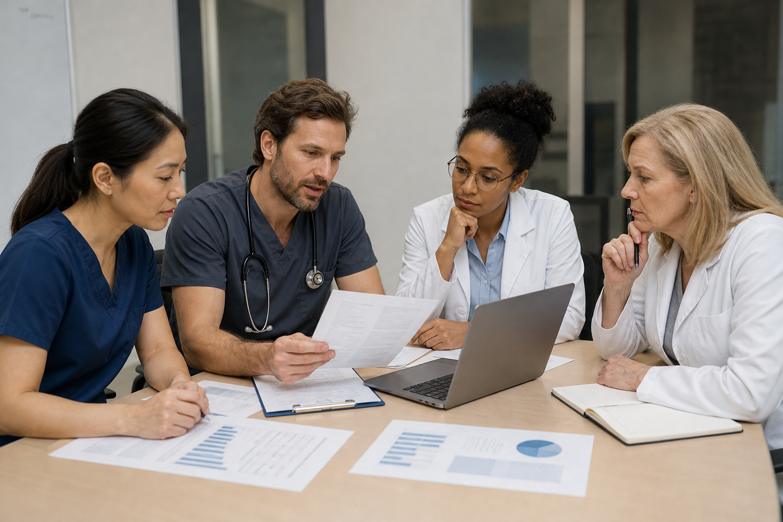 Healthcare professionals reviewing an AI implementation plan during a strategy meeting