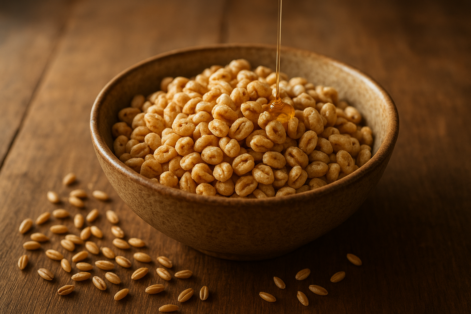 Bowl of good grains puffed cereal with organic Khorasan wheat and a honey drizzle