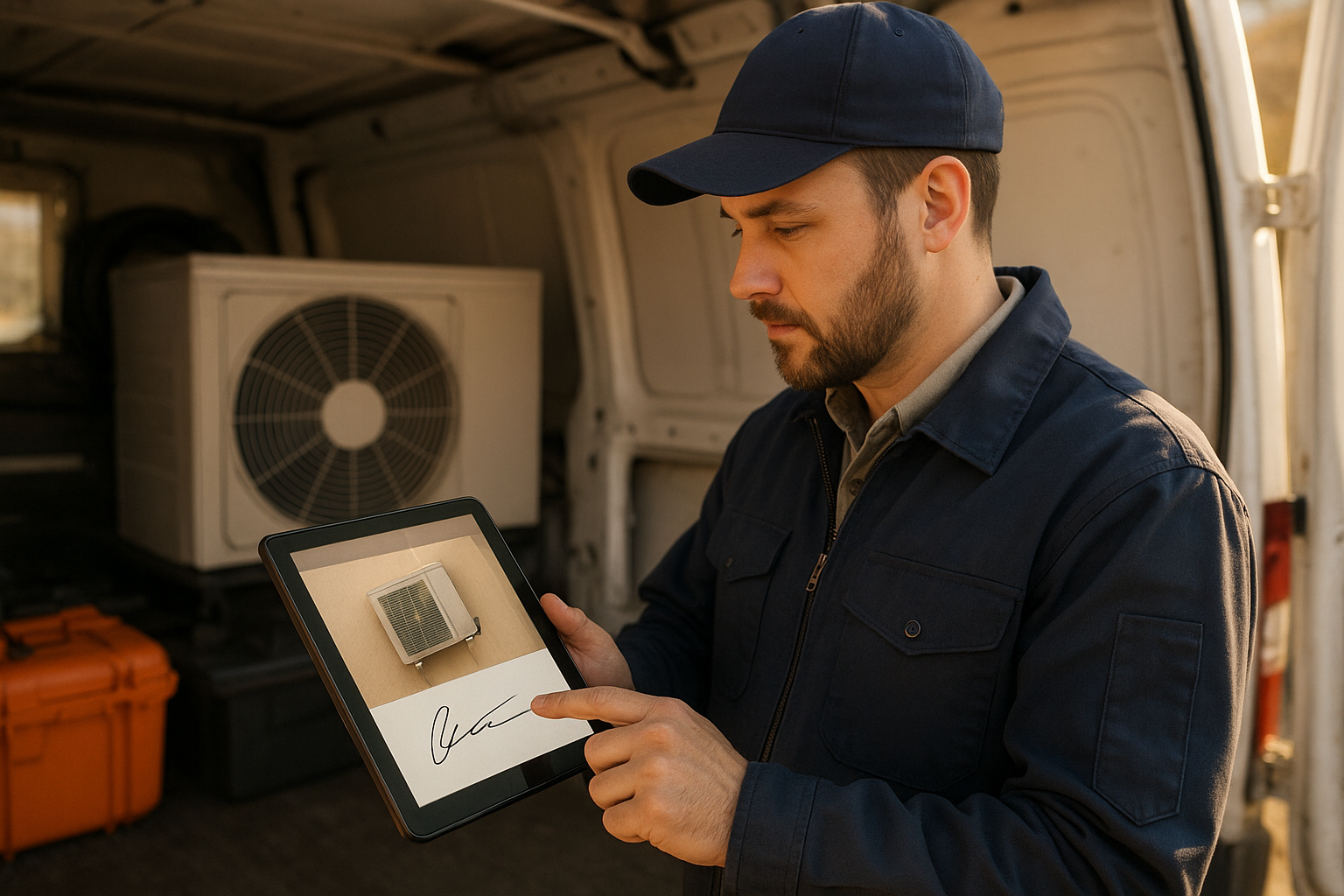 Field technician using a mobile app to invoice a completed job on site