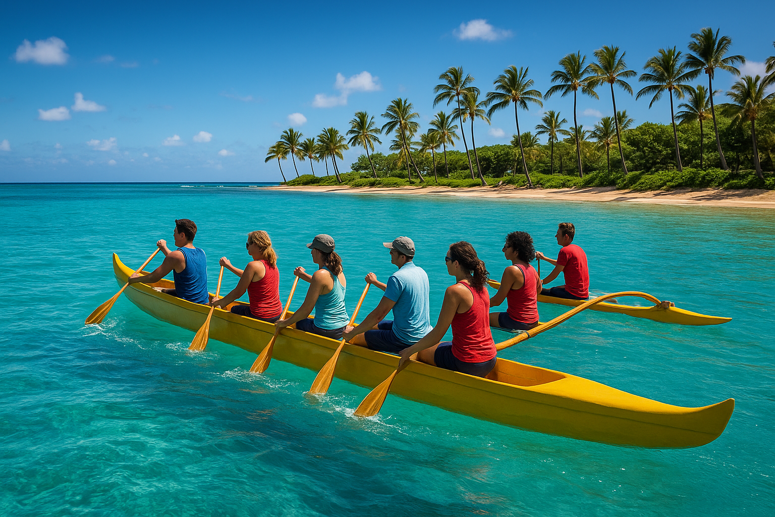Group riding an outrigger canoe during a Waikiki ocean tour
