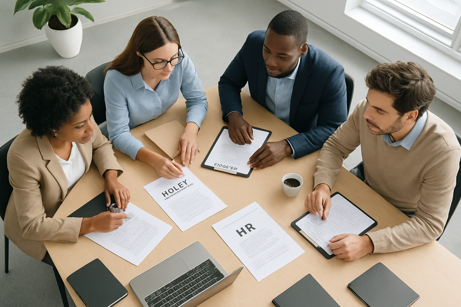 HR team collaborating on workplace policy management and compliance documents