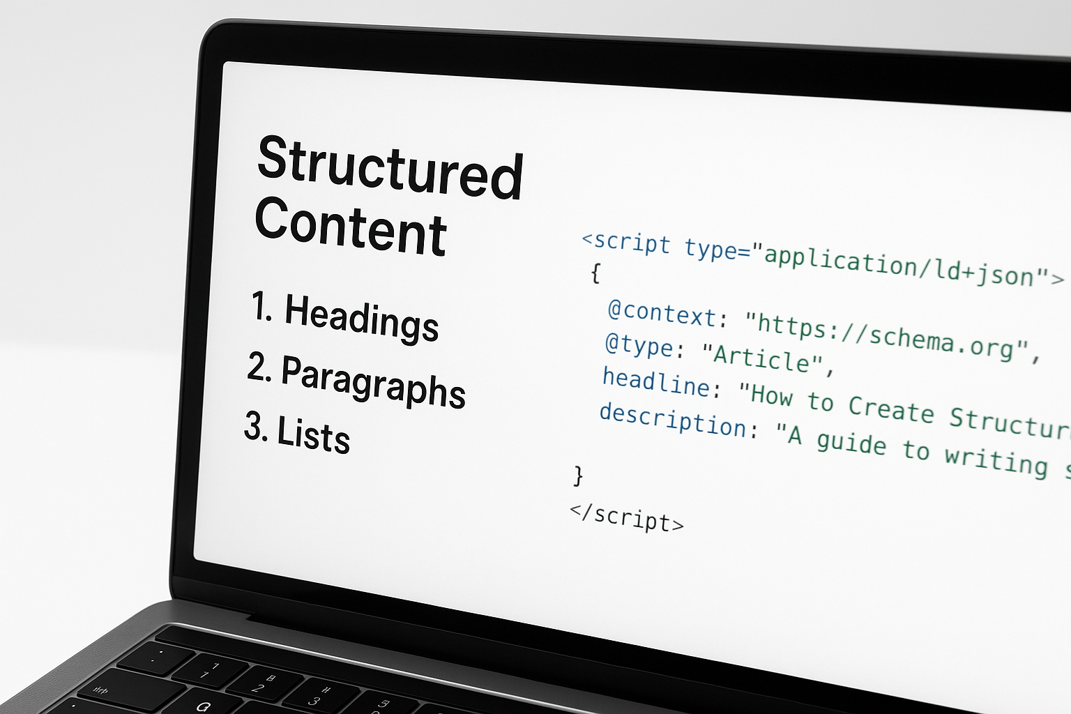 Schema markup code displayed alongside a structured AI-generated content outline