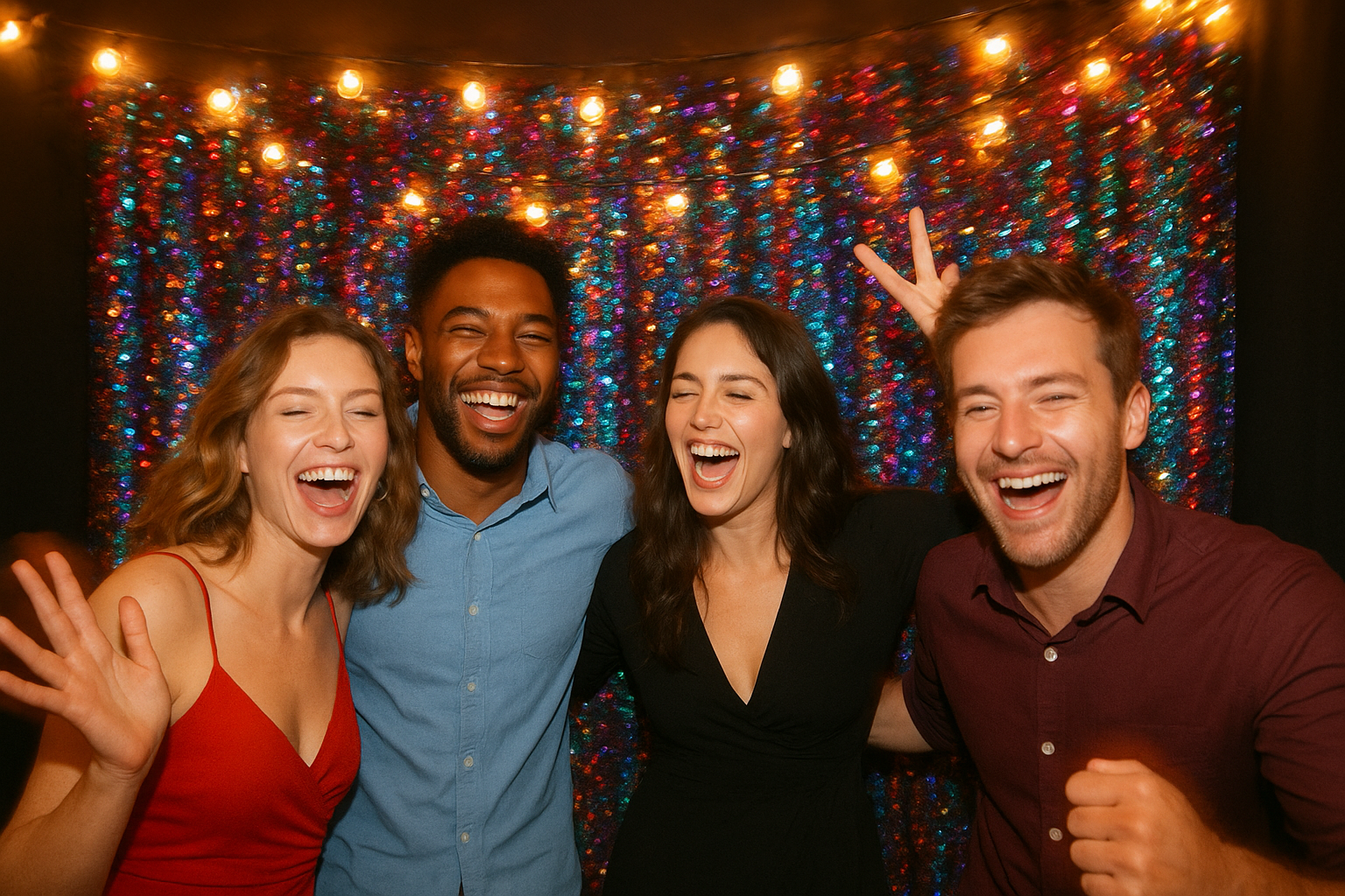 Guests using a photo booth rental with boomerang and GIF add-on at an evening party