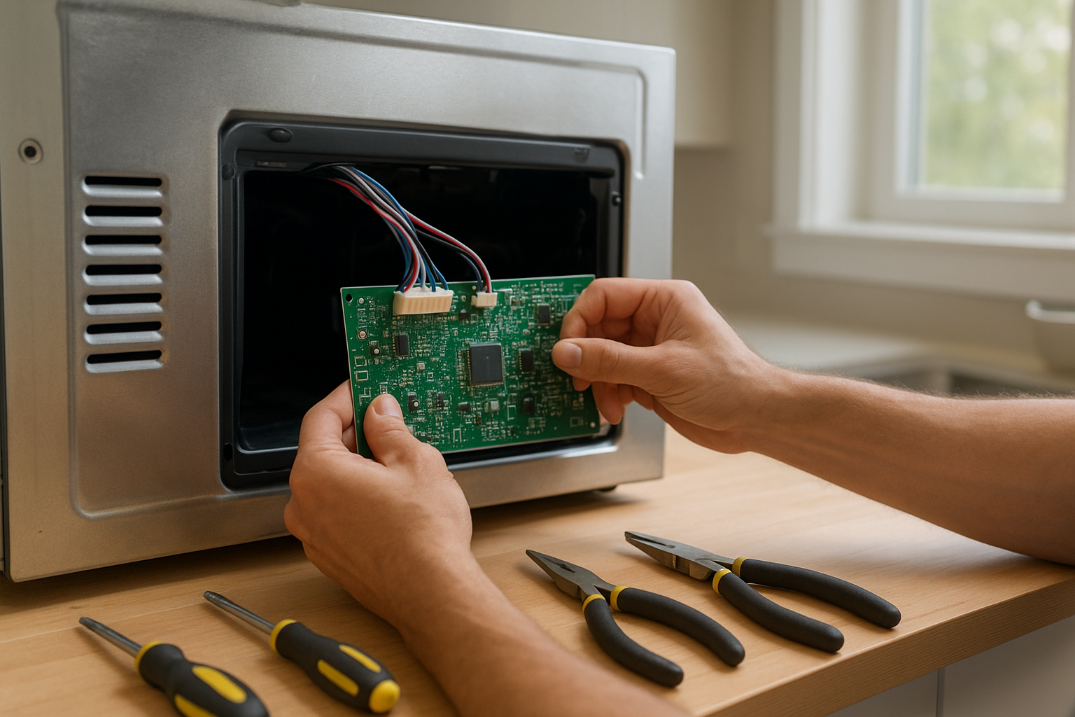 Technician installing a replacement control board during an oven repair