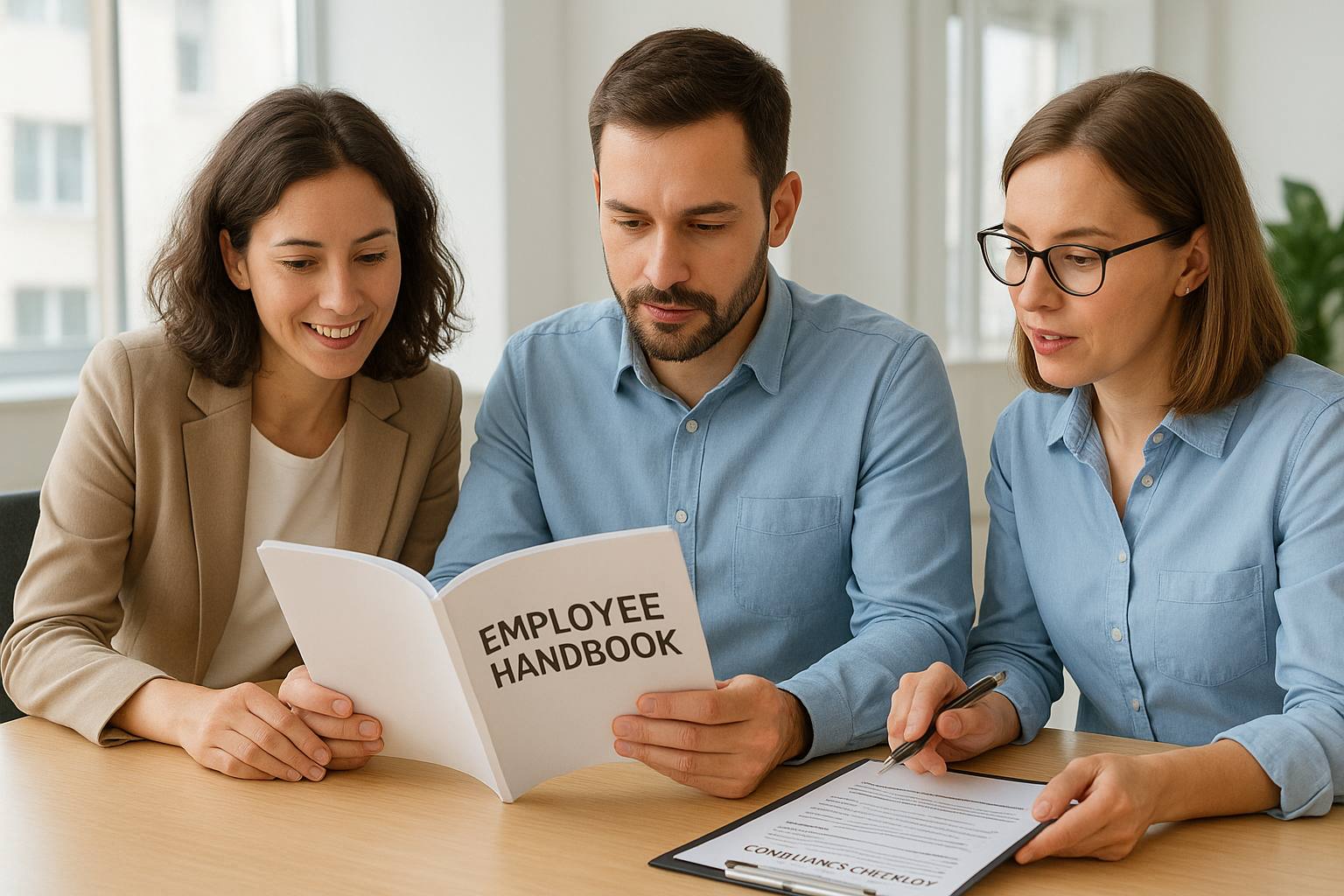 Small business team reviewing HR compliance documents and employee handbook policies