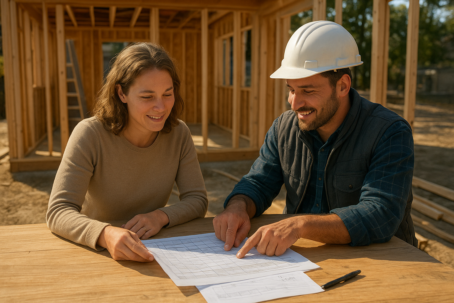 Contractor and homeowner reviewing an ADU window schedule for Title 24 energy compliance