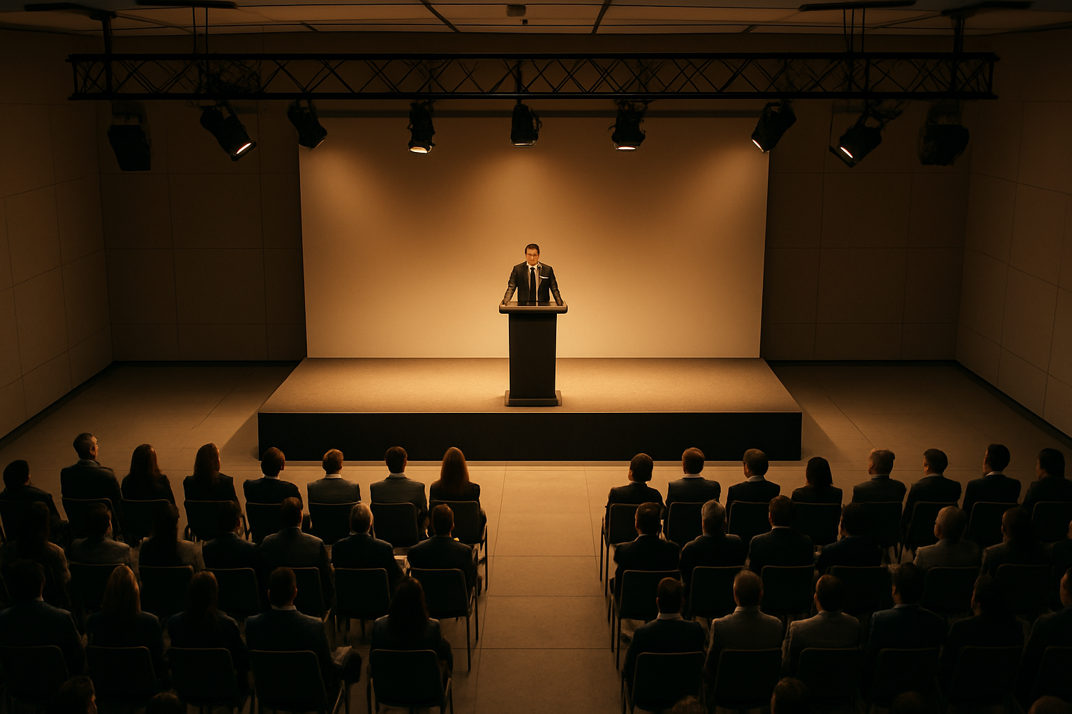 Overhead view of corporate event stage with professional lighting rig and speaker at podium
