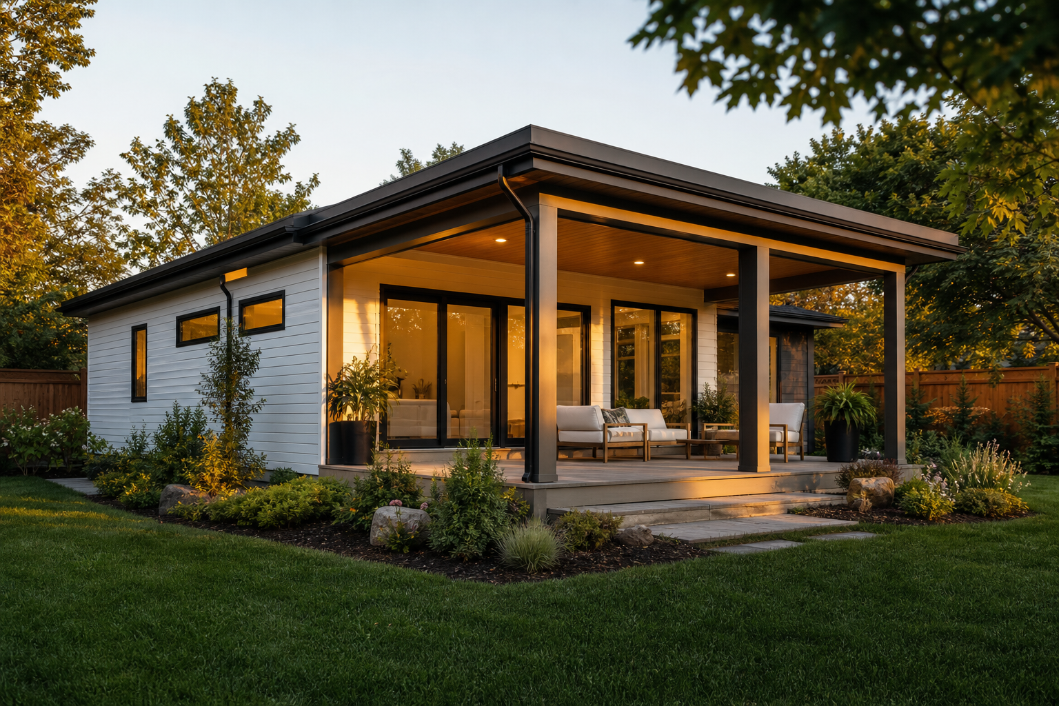 Completed detached backyard ADU with large windows after permit approval and construction
