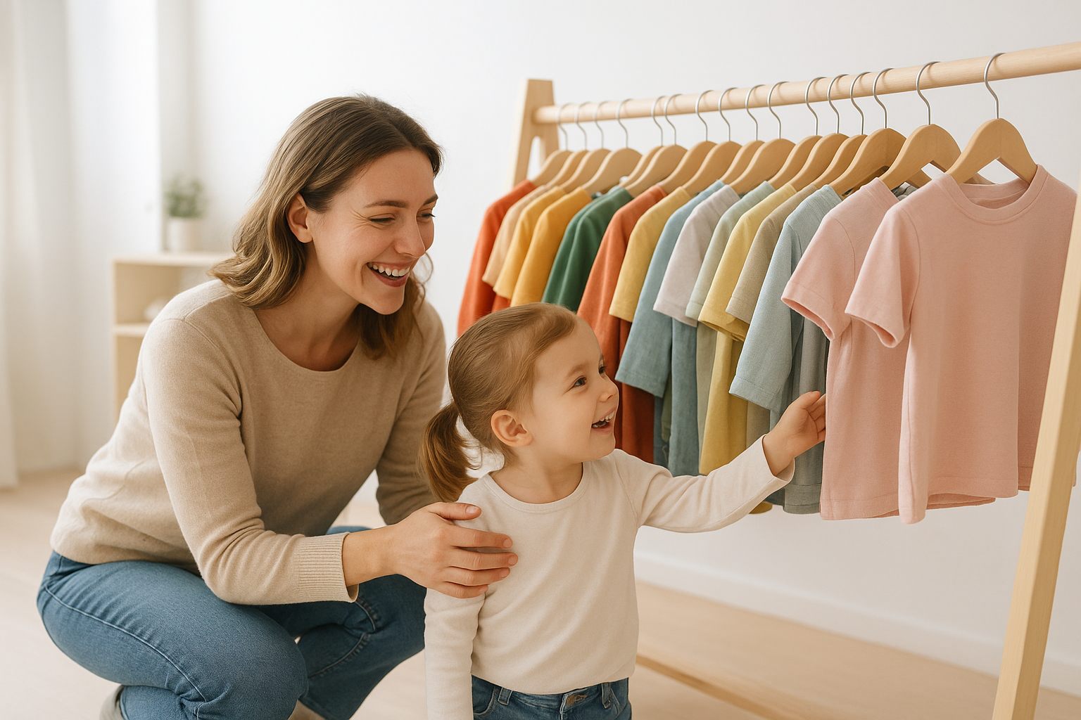Parent helping a child pick clothing from a curated wardrobe rack