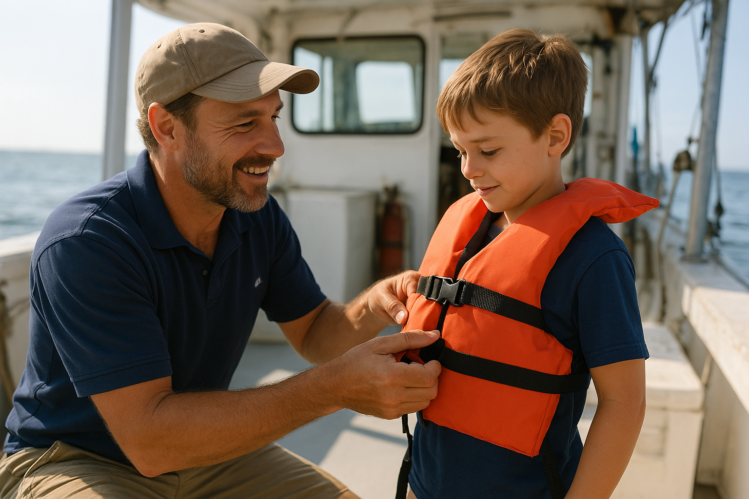 Captain showing a child safety gear during a family shark fishing trip near Myrtle Beach