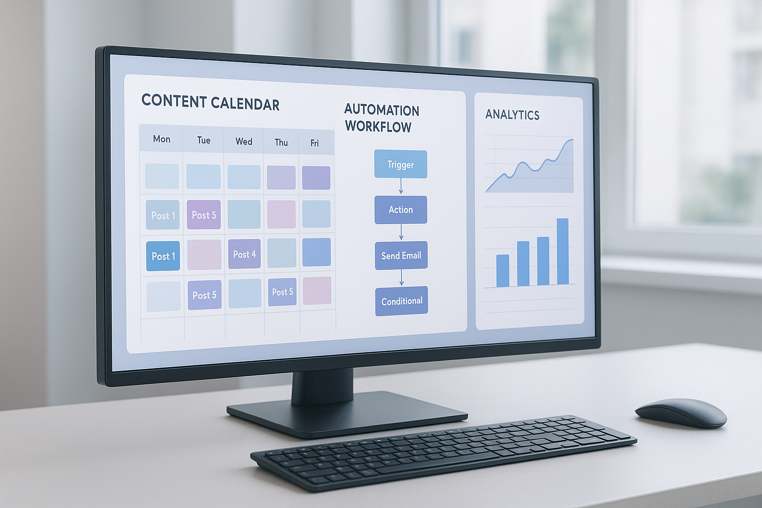 Automated content marketing dashboard showing scheduled posts and workflow automation