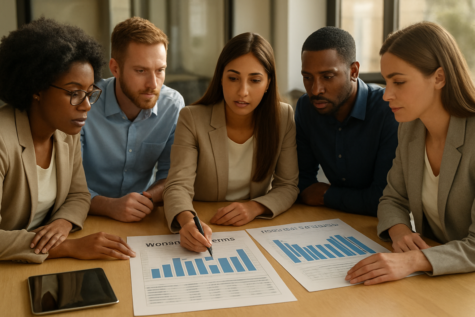 Team reviewing the benefits of strategic workforce planning during a business meeting