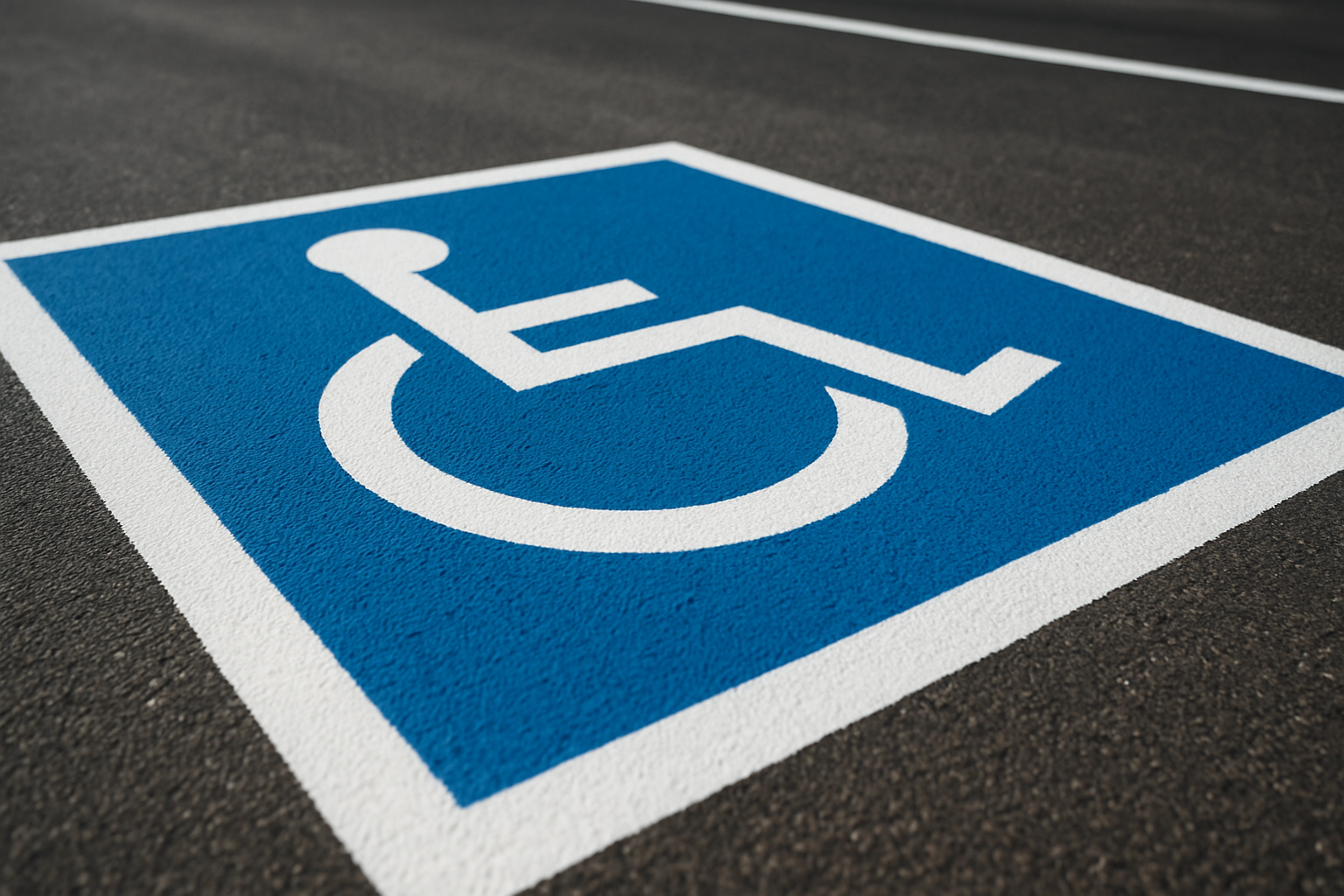 Close-up of a freshly painted ADA accessible parking stall symbol on a Texas commercial lot