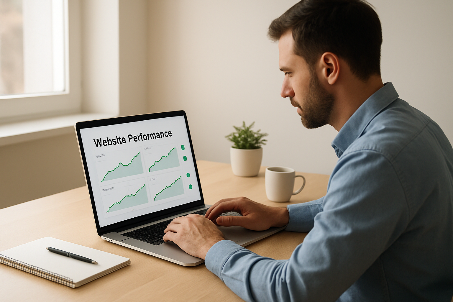 Professional reviewing automated SEO and website performance reports on a laptop