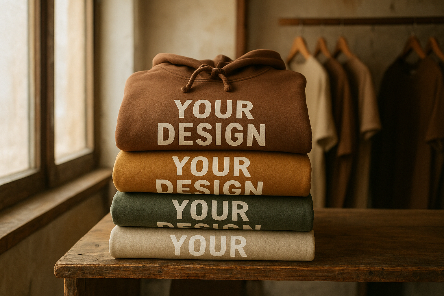 Stack of folded custom printed hoodies and t-shirts ready for a bulk order