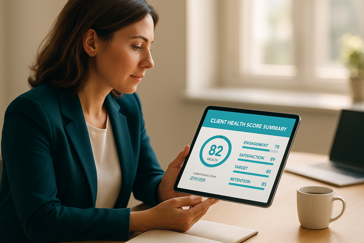 Account manager reviewing client health scores during a morning brief